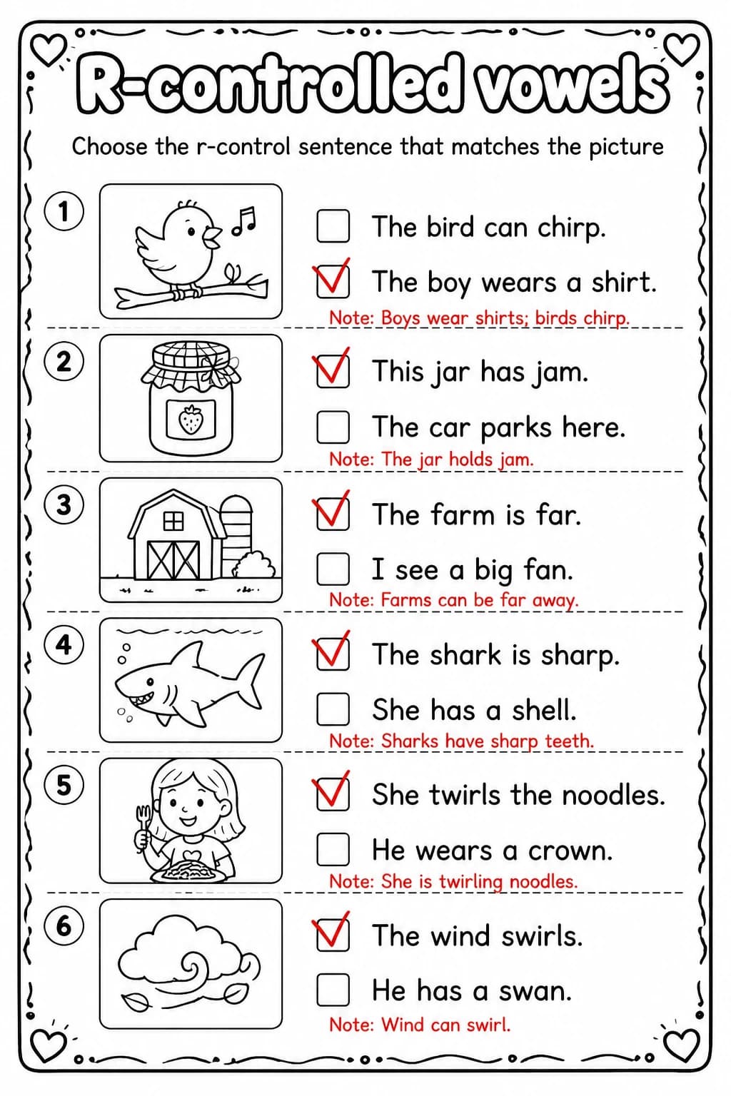Answer key for Choose the r-control sentence that matches the picture — free printable English & Reading worksheet