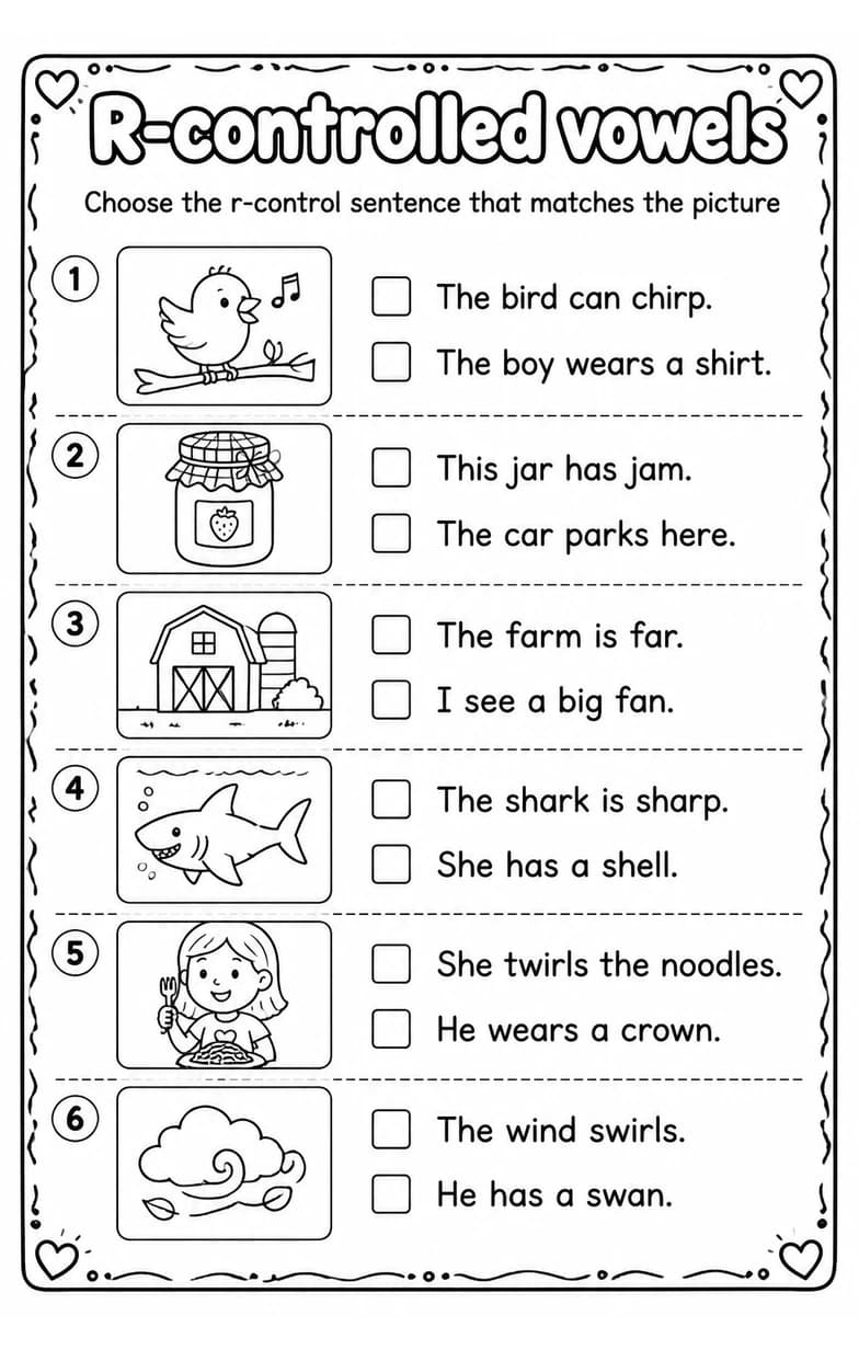 Choose the r-control sentence that matches the picture — free printable Grade 2 English & Reading worksheet