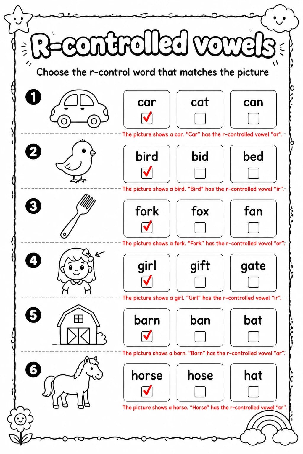Answer key for Choose the r-control word that matches the picture — free printable English & Reading worksheet