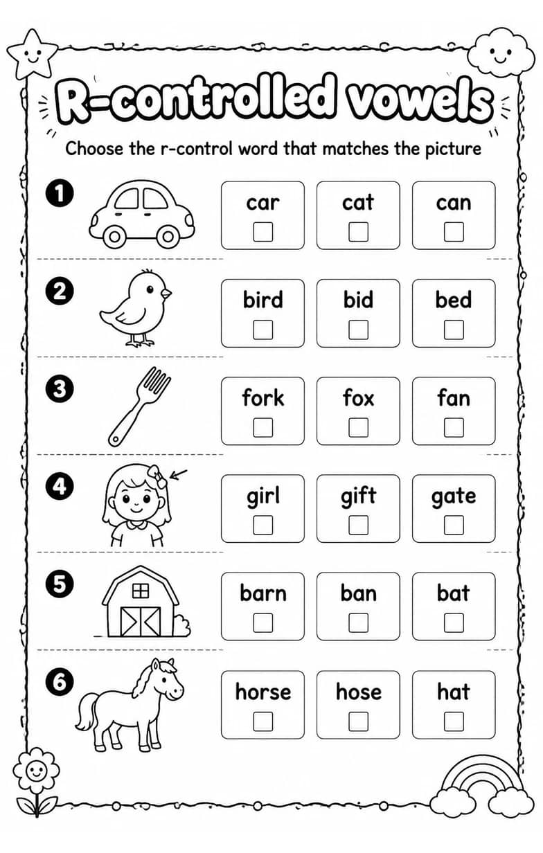 Choose the r-control word that matches the picture — free printable Reading foundations English worksheet