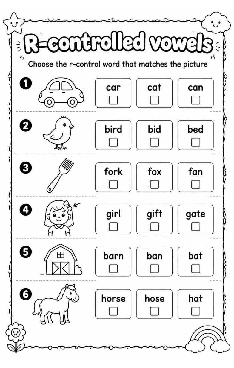 Choose the r-control word that matches the picture — free printable Reading foundations English worksheet