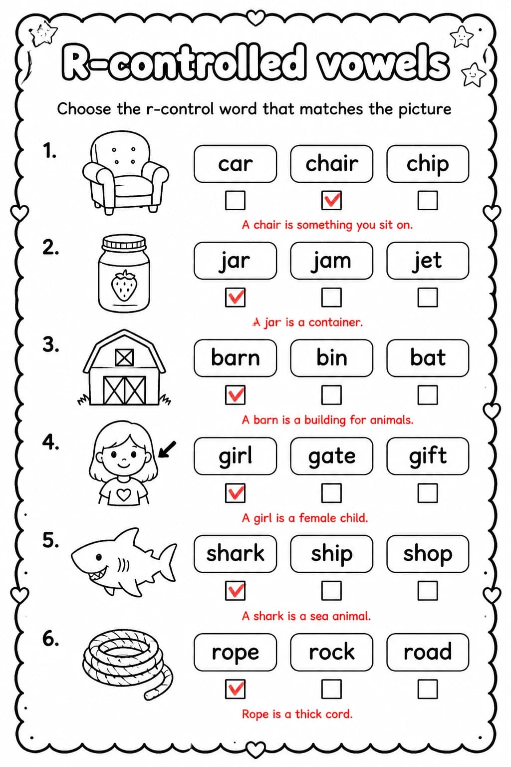 Answer key for Choose the r-control word that matches the picture — free printable English & Reading worksheet
