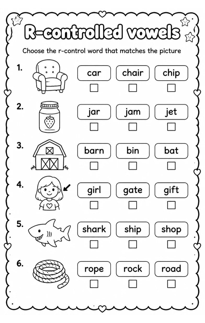 Choose the r-control word that matches the picture — free printable Grade 2 English & Reading worksheet