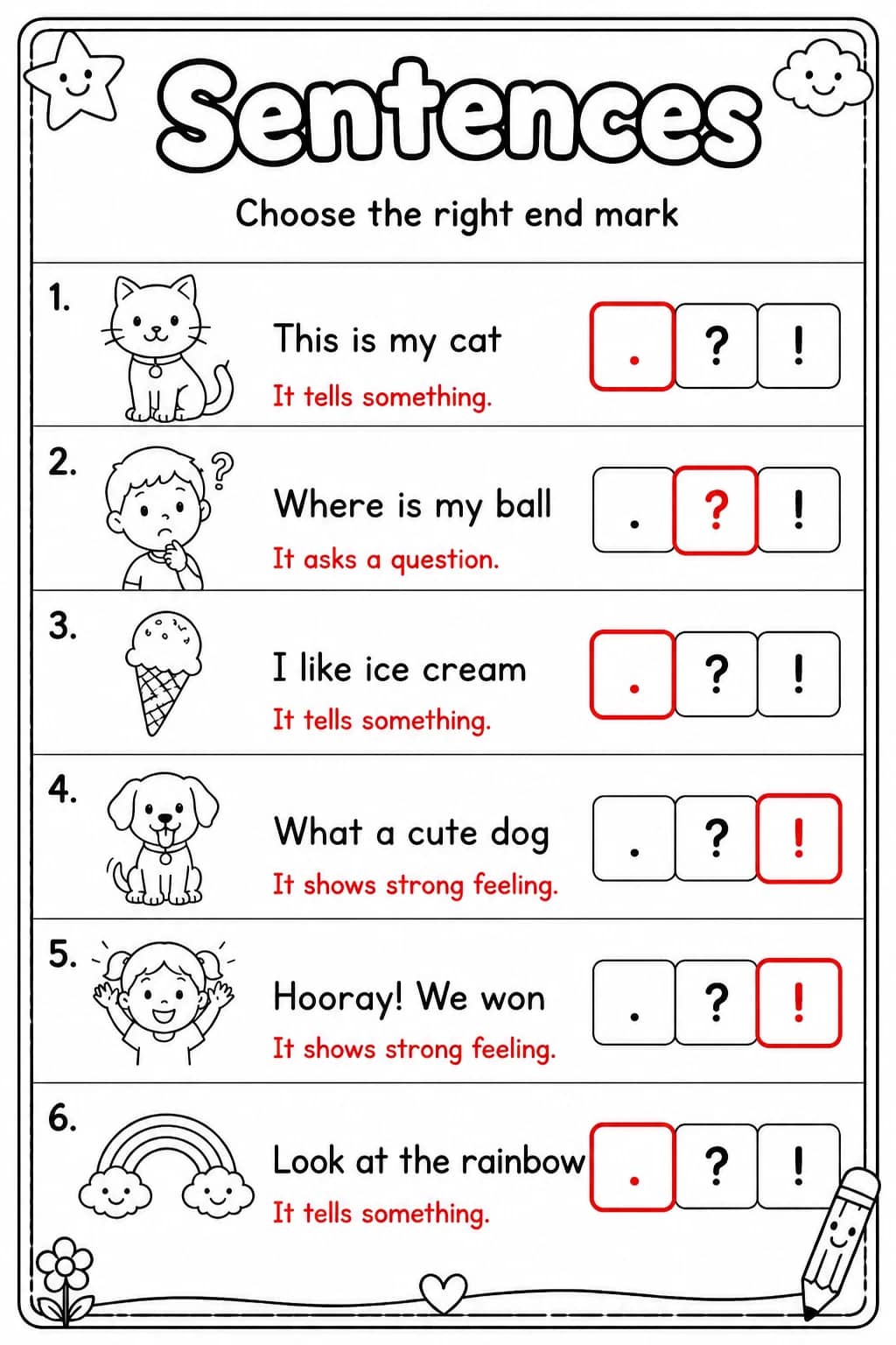 Answer key for Choose the right end mark — free printable English & Reading worksheet