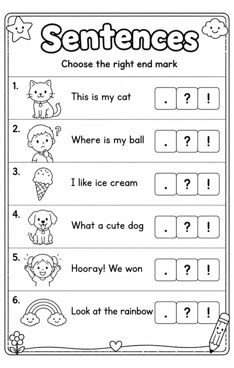 Choose the right end mark — free printable Grammar and mechanics English worksheet
