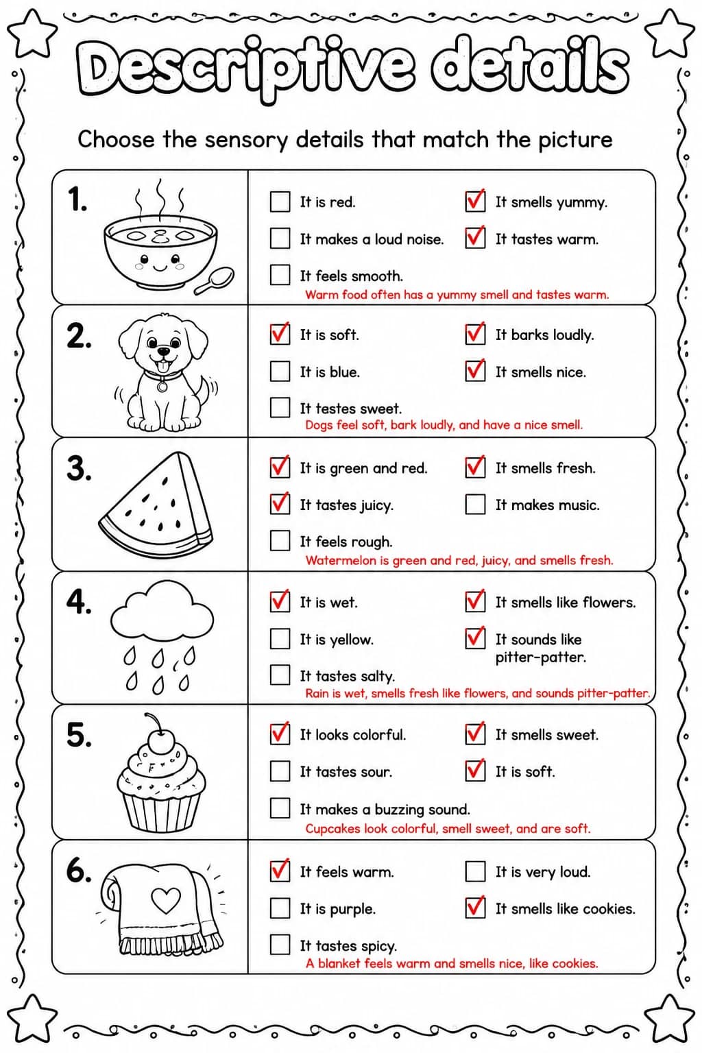 Answer key for Choose the sensory details that match the picture — free printable English & Reading worksheet