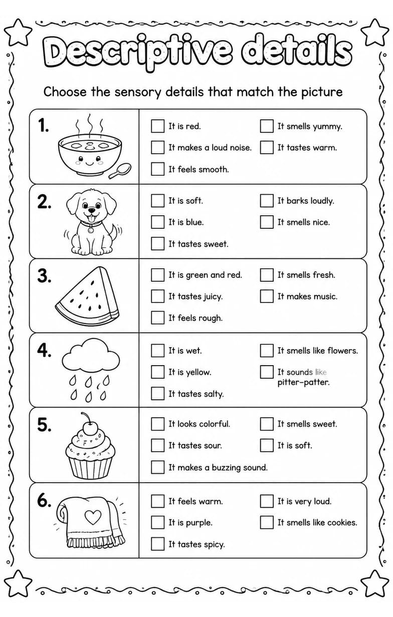 Choose the sensory details that match the picture — free printable Writing strategies English worksheet