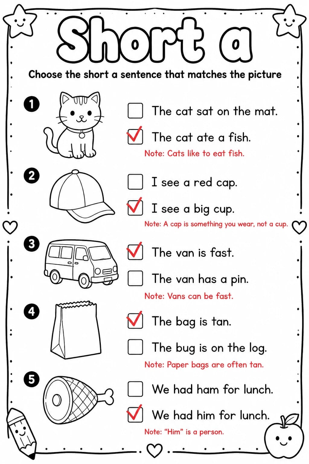Answer key for Choose the short a sentence that matches the picture — free printable English & Reading worksheet