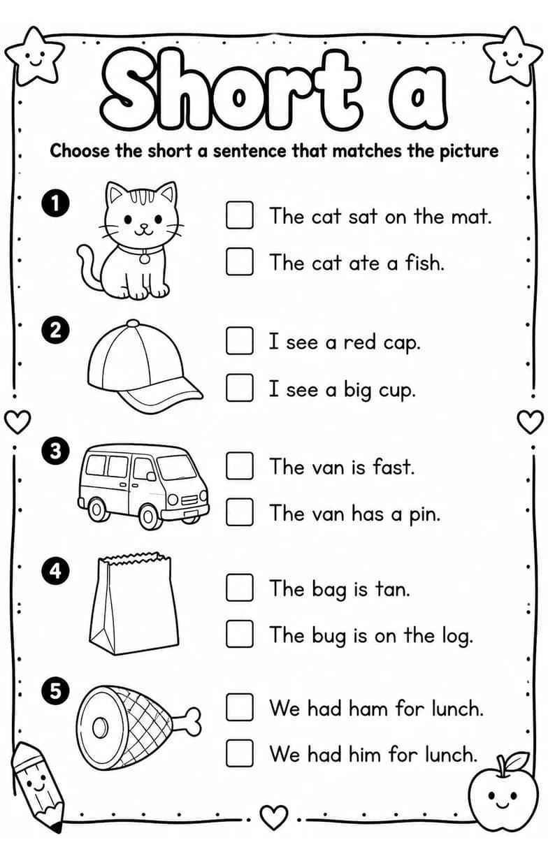 Choose the short a sentence that matches the picture — free printable Grade 1 English & Reading worksheet
