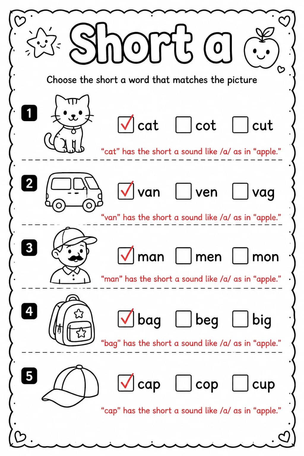 Answer key for Choose the short a word that matches the picture — free printable English & Reading worksheet
