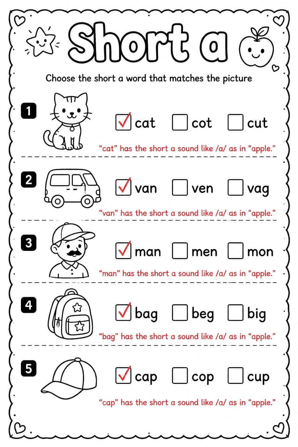 Answer key for Choose the short a word that matches the picture — free printable English & Reading worksheet