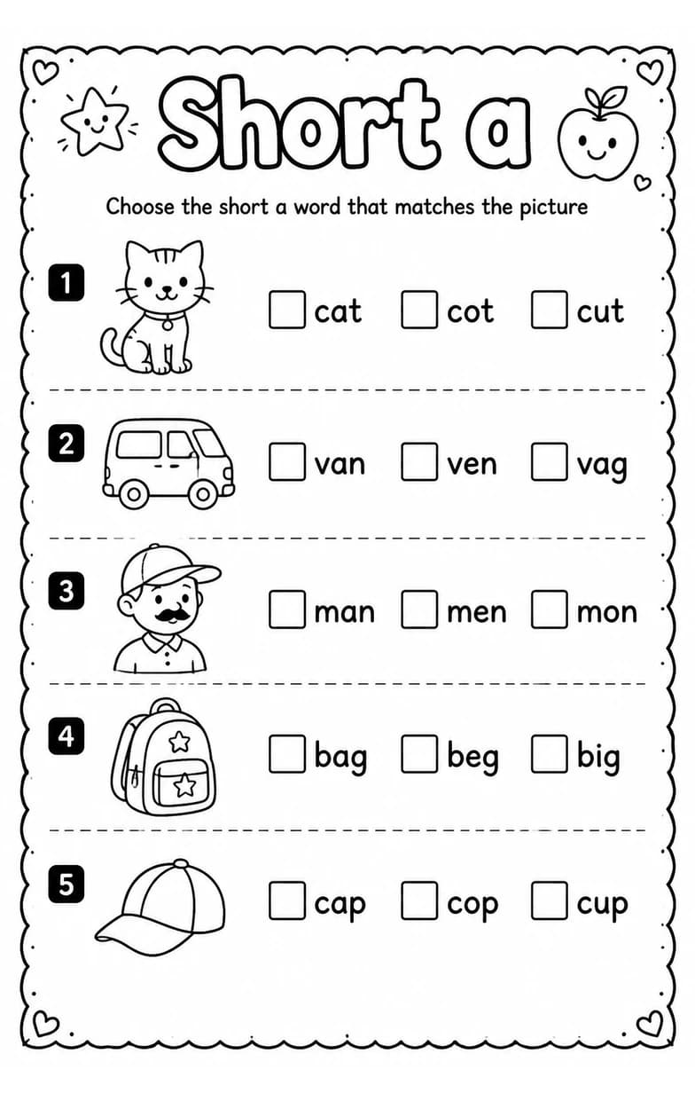Choose the short a word that matches the picture — free printable Grade 1 English & Reading worksheet