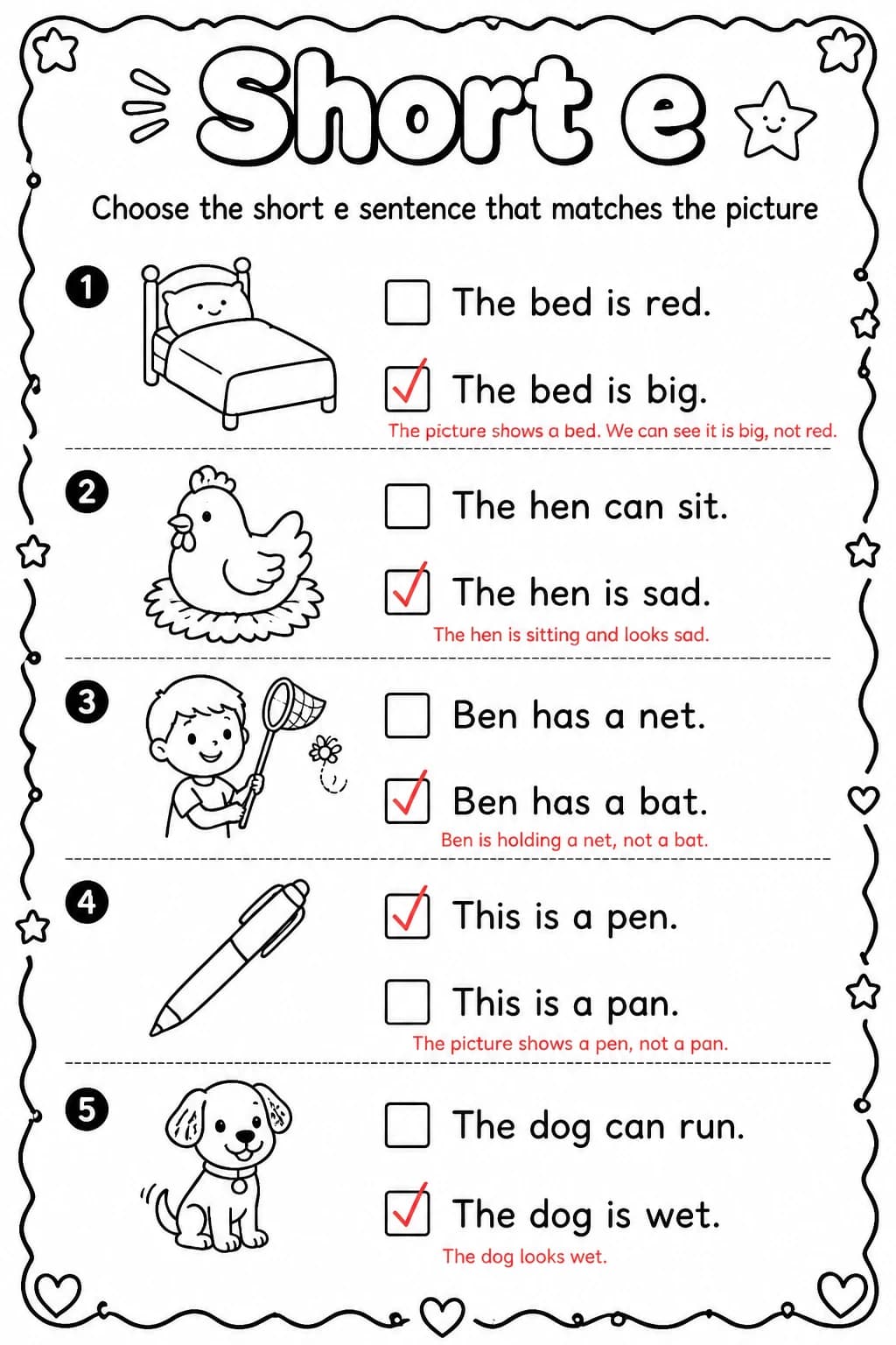Answer key for Choose the short e sentence that matches the picture — free printable English & Reading worksheet