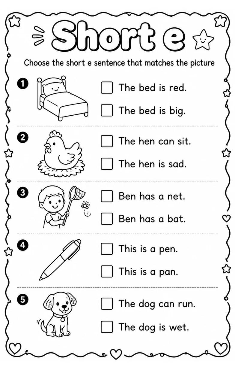 Choose the short e sentence that matches the picture — free printable Reading foundations English worksheet