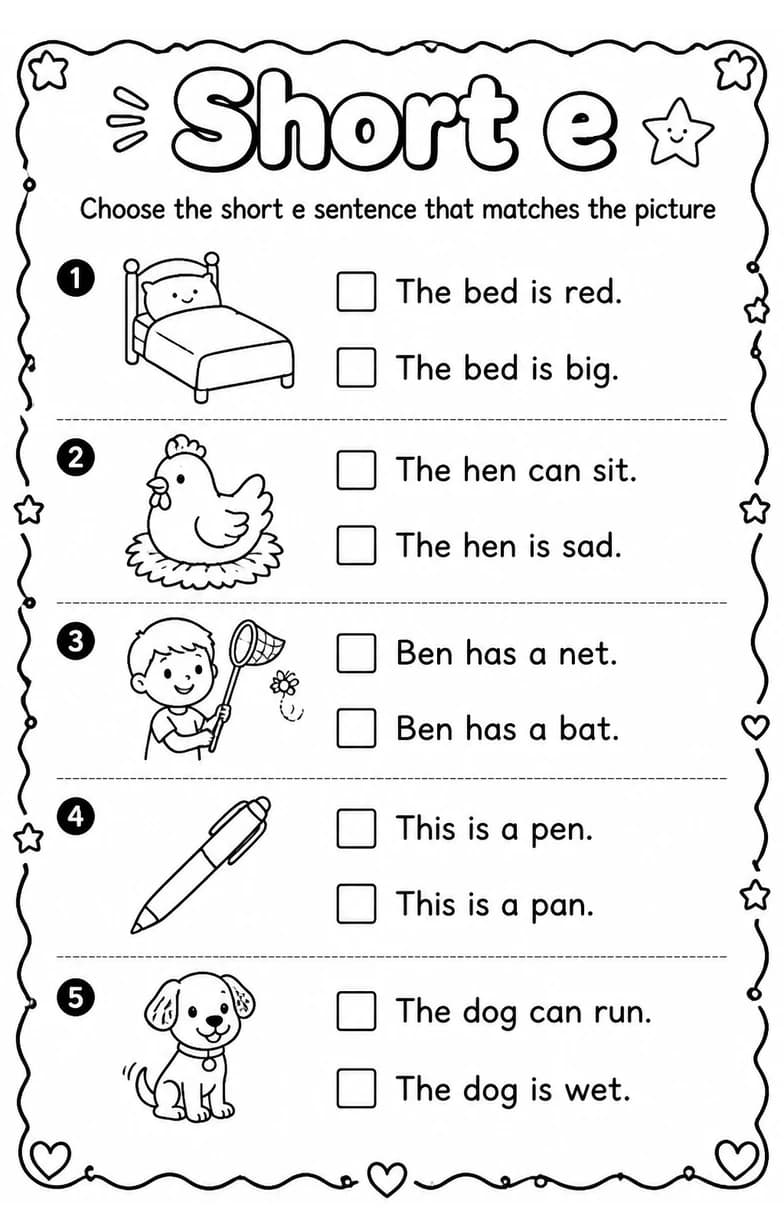 Choose the short e sentence that matches the picture — free printable Grade 1 English & Reading worksheet