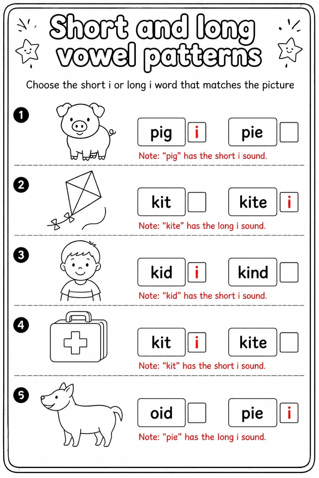 Answer key for Choose the short i or long i word that matches the picture — free printable English & Reading worksheet