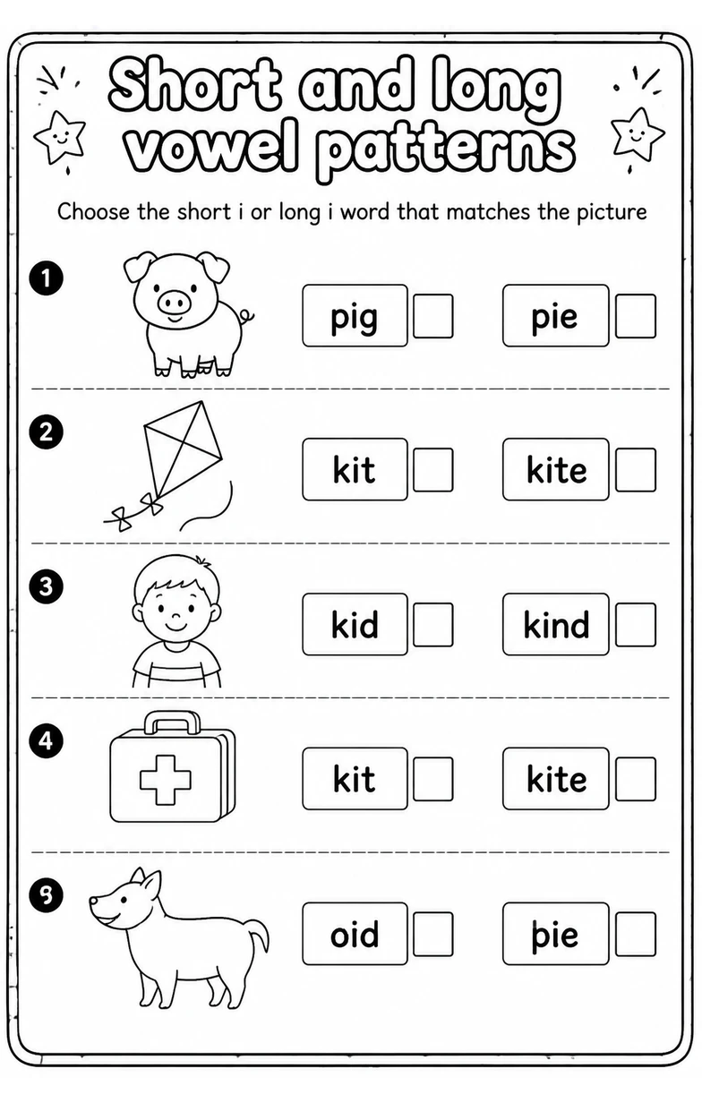 Choose the short i or long i word that matches the picture — free printable Reading foundations English worksheet
