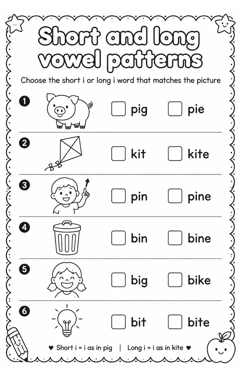 Choose the short i or long i word that matches the picture — free printable Reading foundations English worksheet