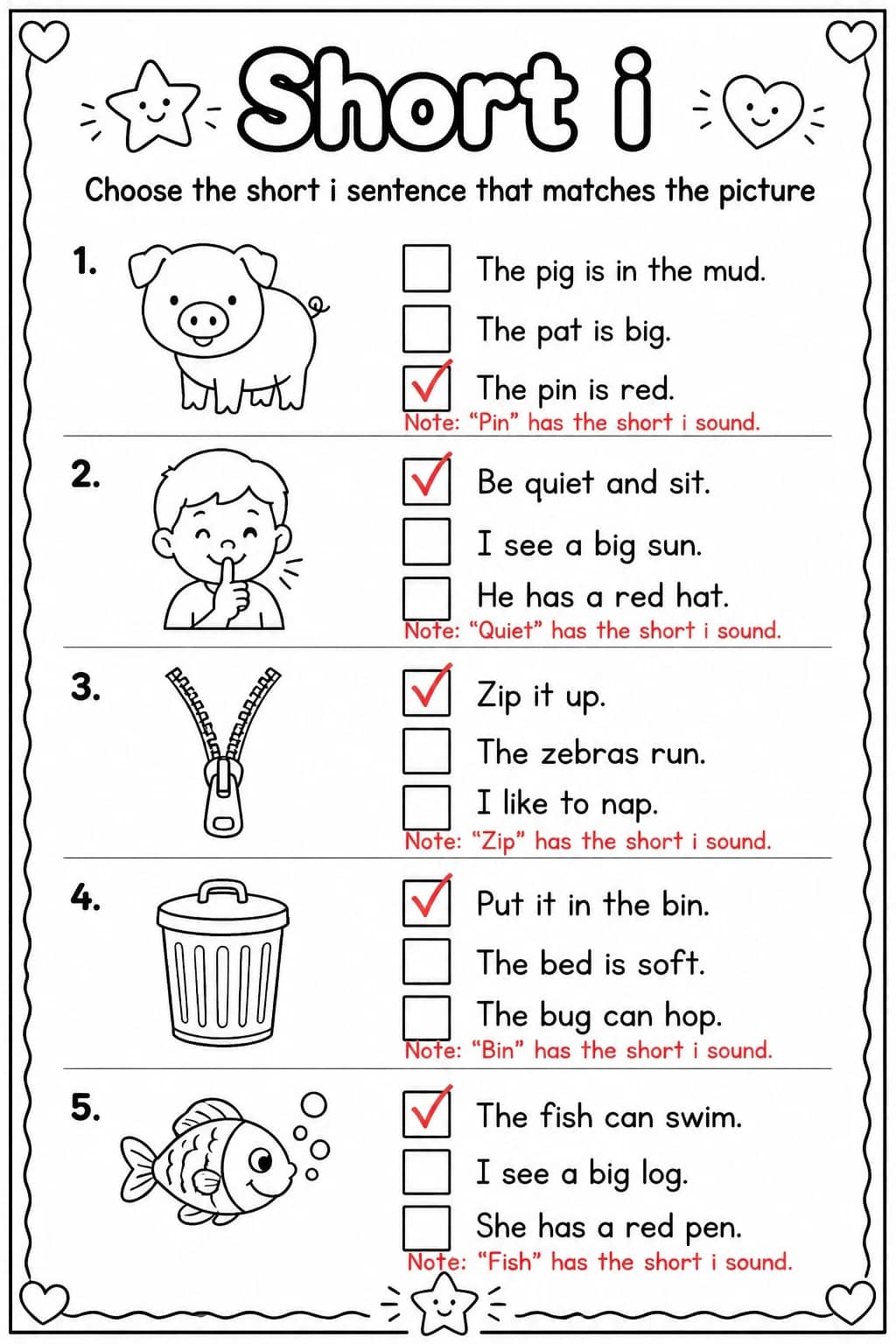 Answer key for Choose the short i sentence that matches the picture — free printable English & Reading worksheet