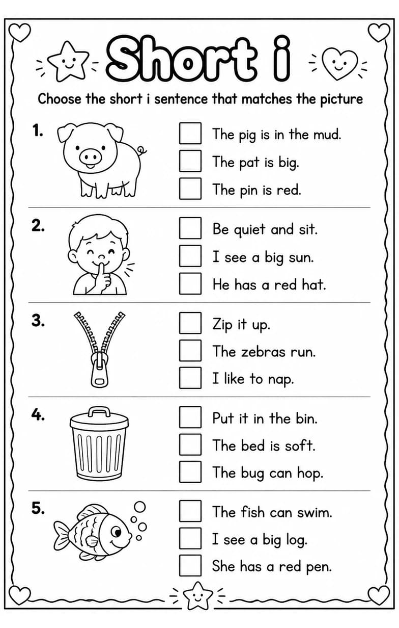 Choose the short i sentence that matches the picture — free printable Reading foundations English worksheet
