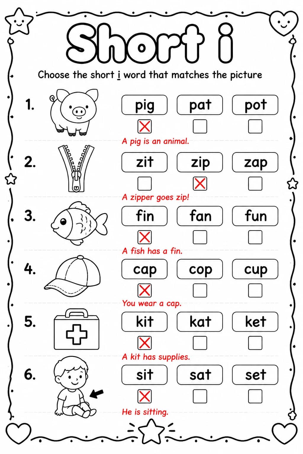 Answer key for Choose the short i word that matches the picture — free printable English & Reading worksheet