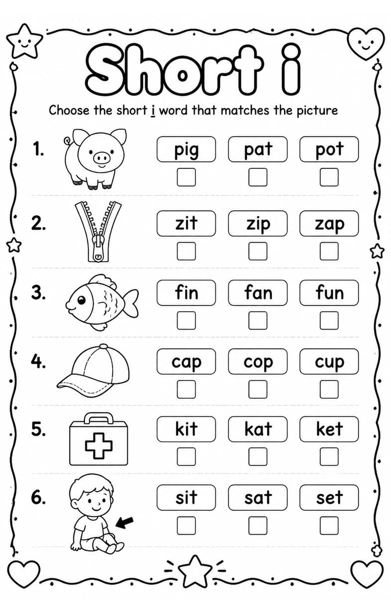 Choose the short i word that matches the picture — free printable Reading foundations English worksheet