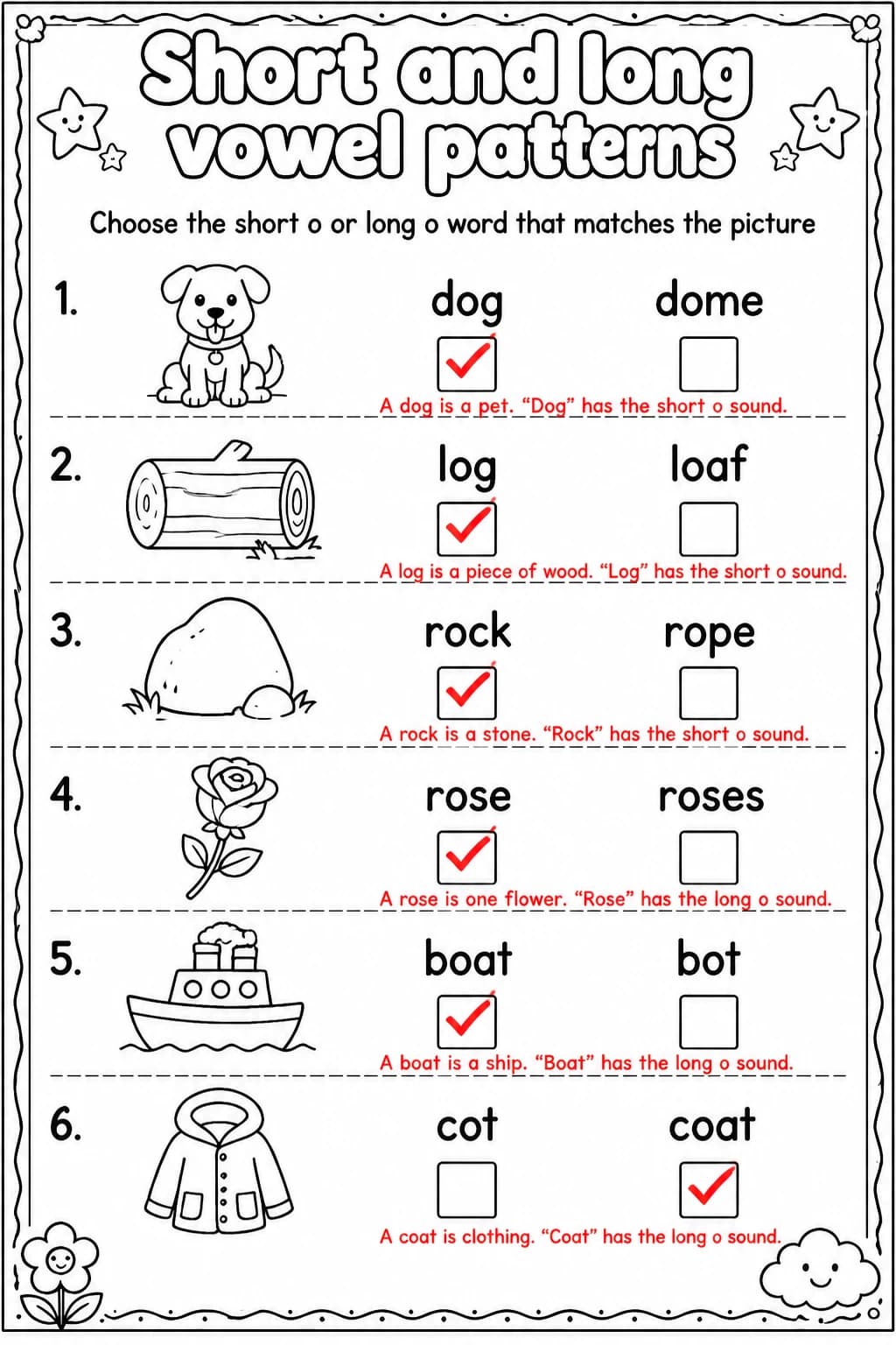 Answer key for Choose the short o or long o word that matches the picture — free printable English & Reading worksheet