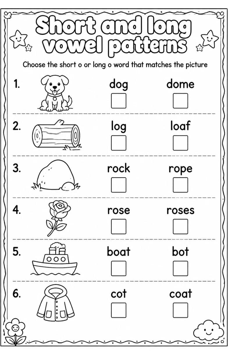Choose the short o or long o word that matches the picture — free printable Reading foundations English worksheet