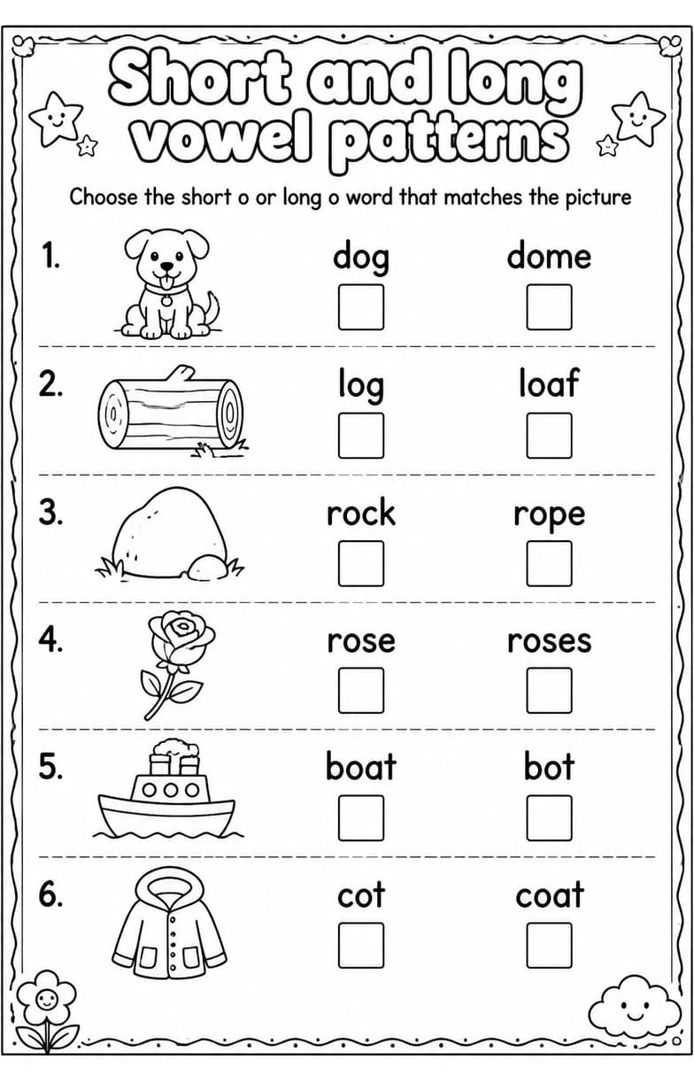Choose the short o or long o word that matches the picture — free printable Reading foundations English worksheet