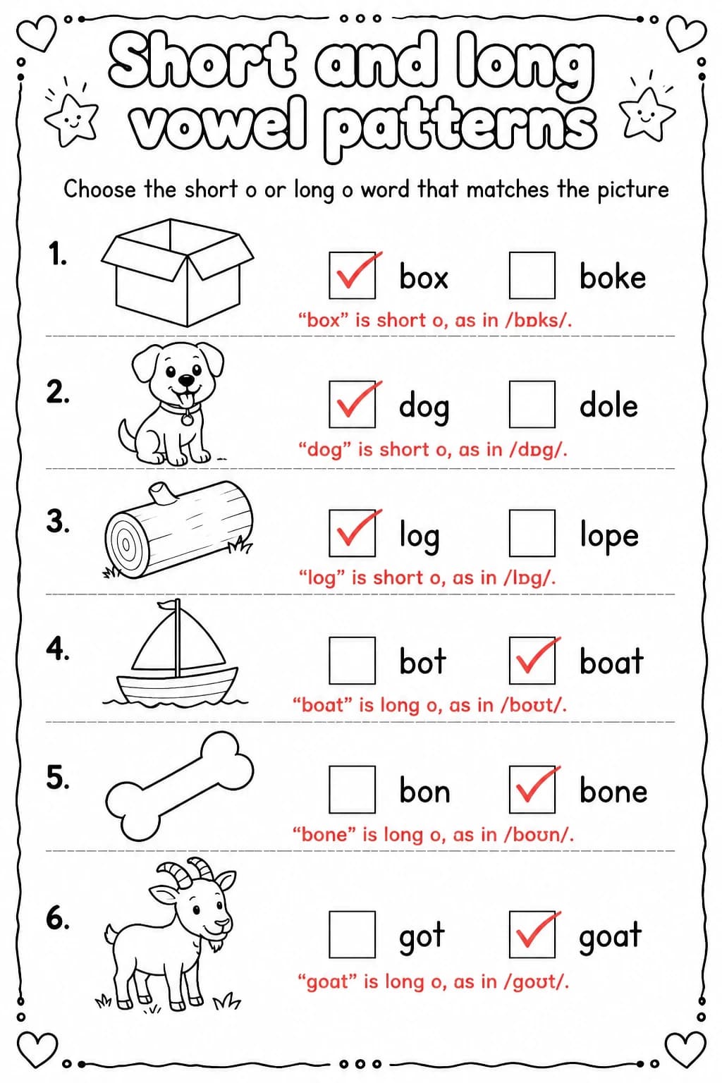 Answer key for Choose the short o or long o word that matches the picture — free printable English & Reading worksheet