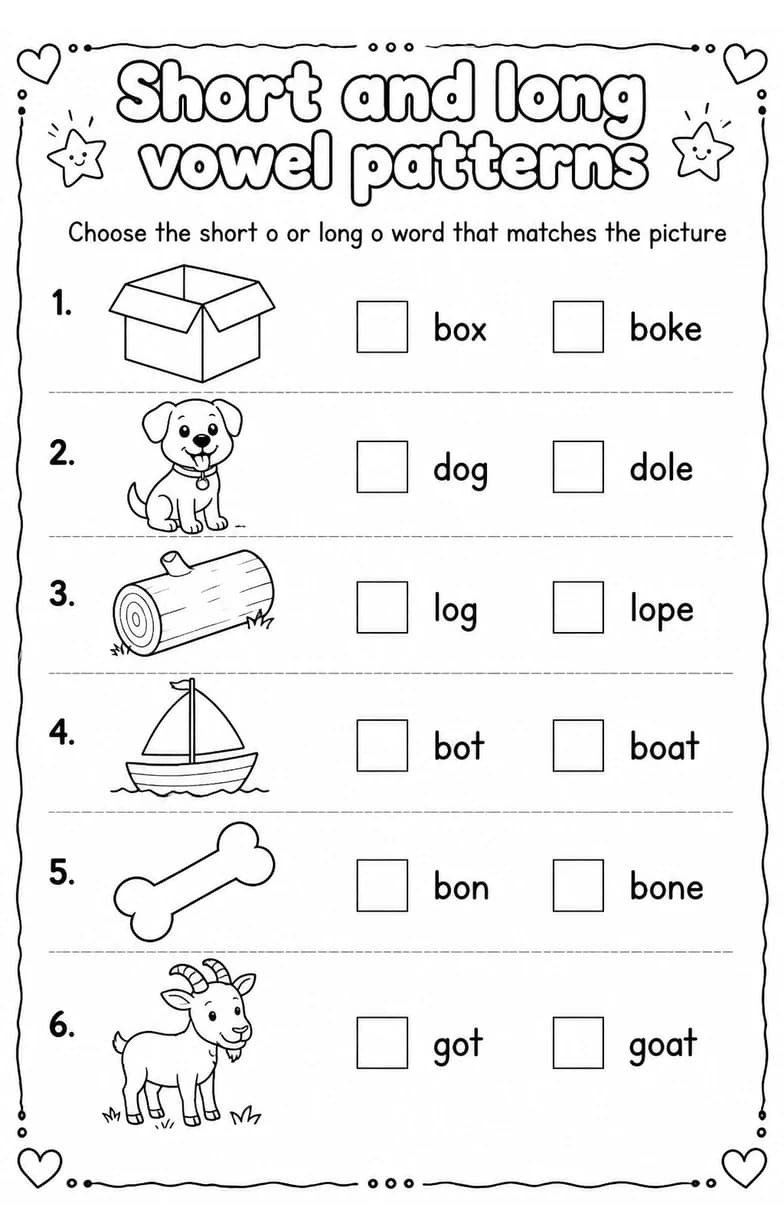 Choose the short o or long o word that matches the picture — free printable Grade 2 English & Reading worksheet