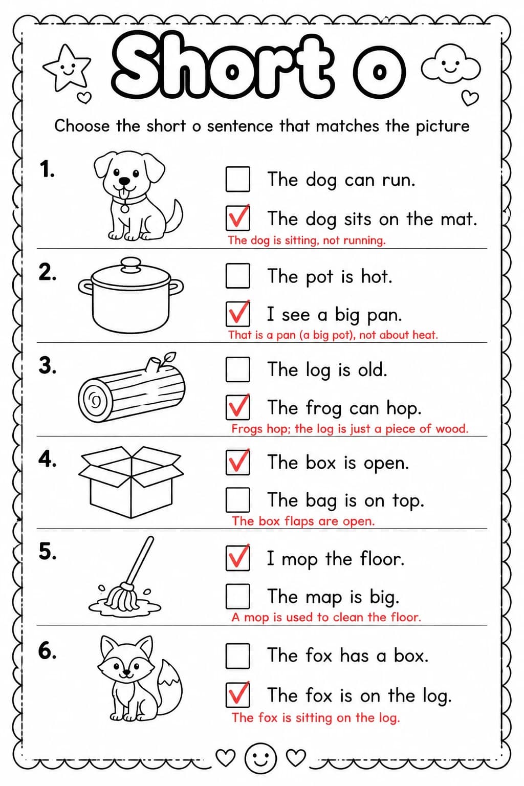 Answer key for Choose the short o sentence that matches the picture — free printable English & Reading worksheet