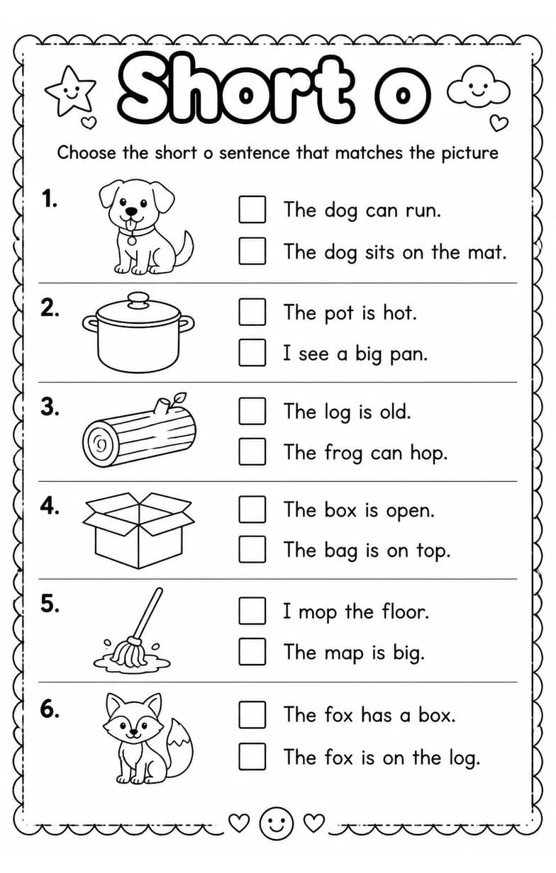 Choose the short o sentence that matches the picture — free printable Grade 1 English & Reading worksheet
