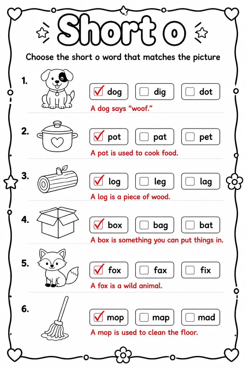Answer key for Choose the short o word that matches the picture — free printable English & Reading worksheet