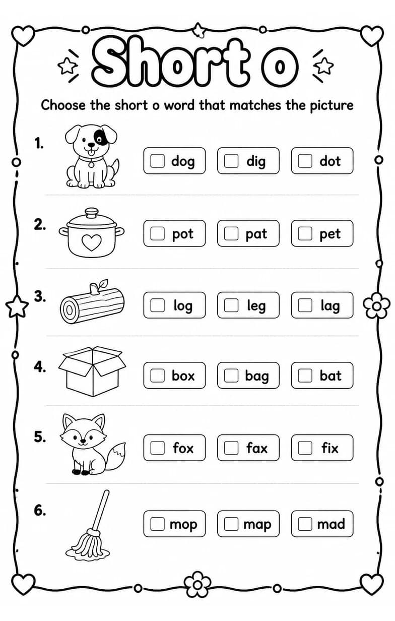 Choose the short o word that matches the picture — free printable Reading foundations English worksheet