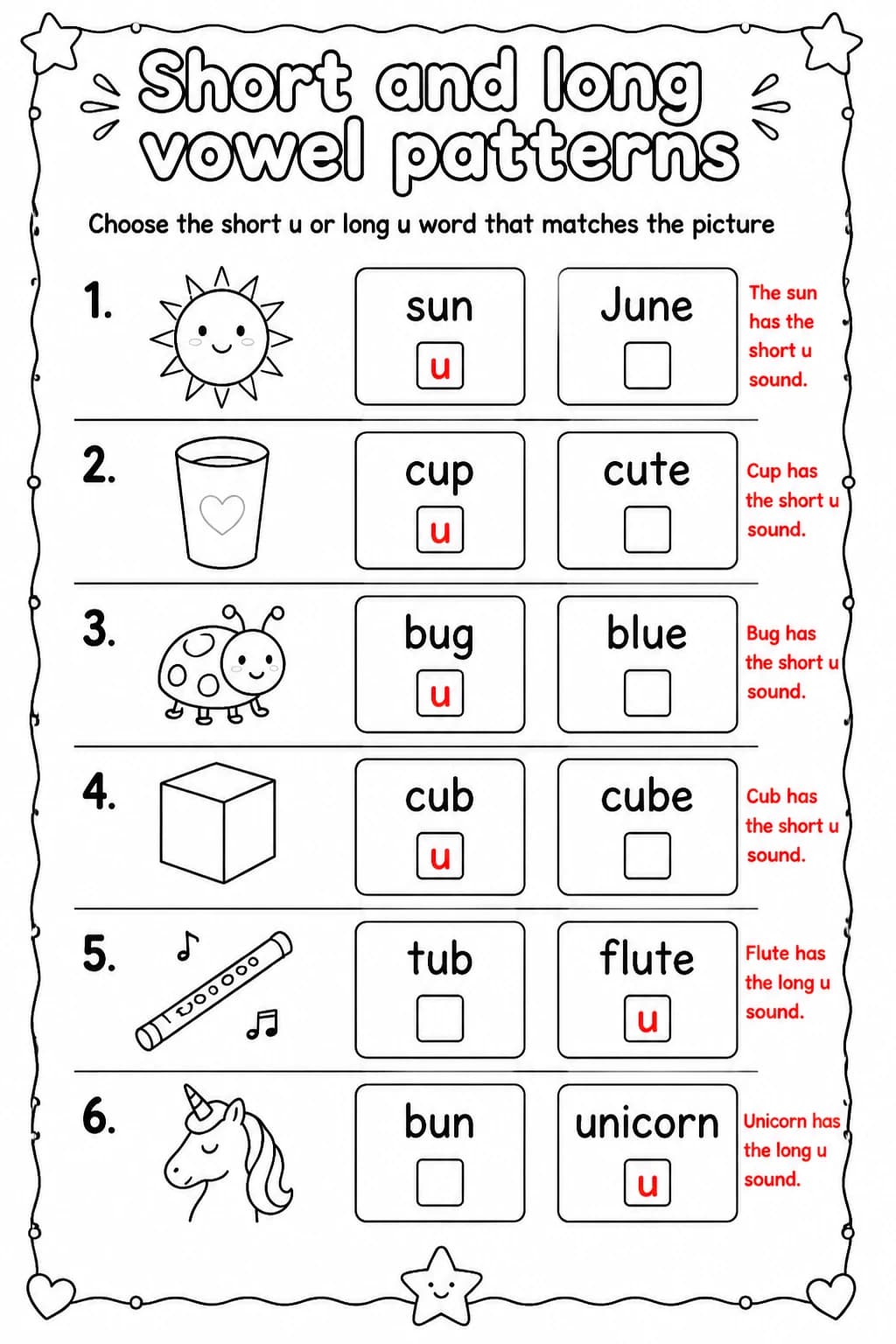 Answer key for Choose the short u or long u word that matches the picture — free printable English & Reading worksheet