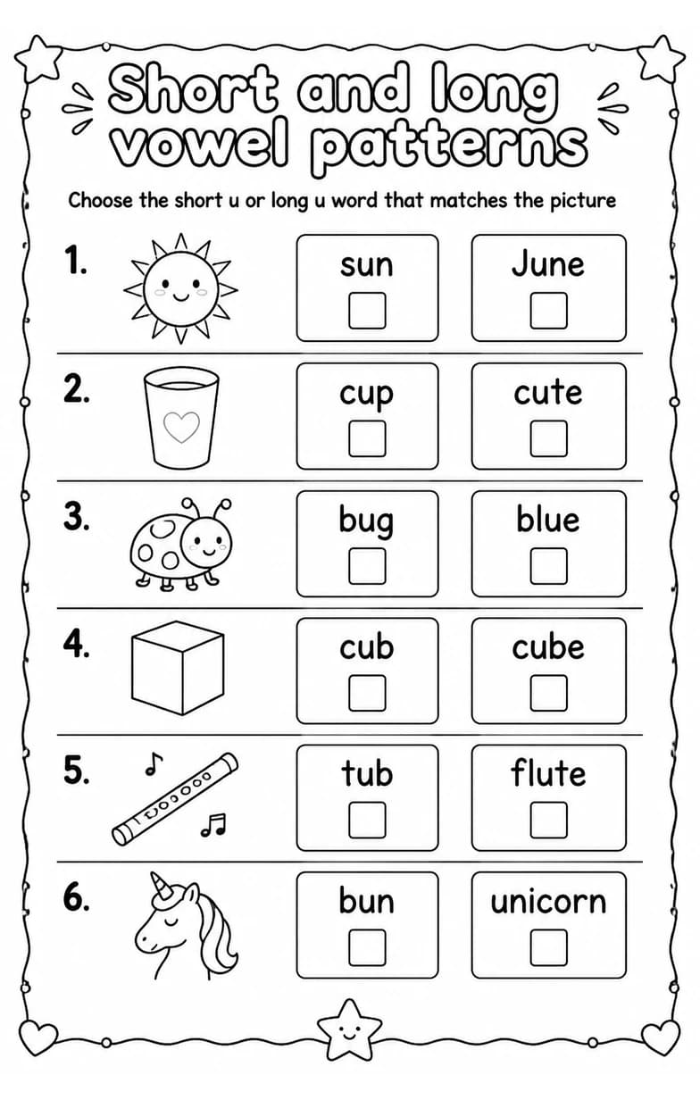Choose the short u or long u word that matches the picture — free printable Reading foundations English worksheet