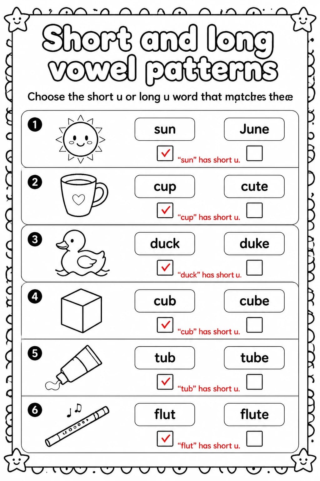 Answer key for Choose the short u or long u word that matches the picture — free printable English & Reading worksheet