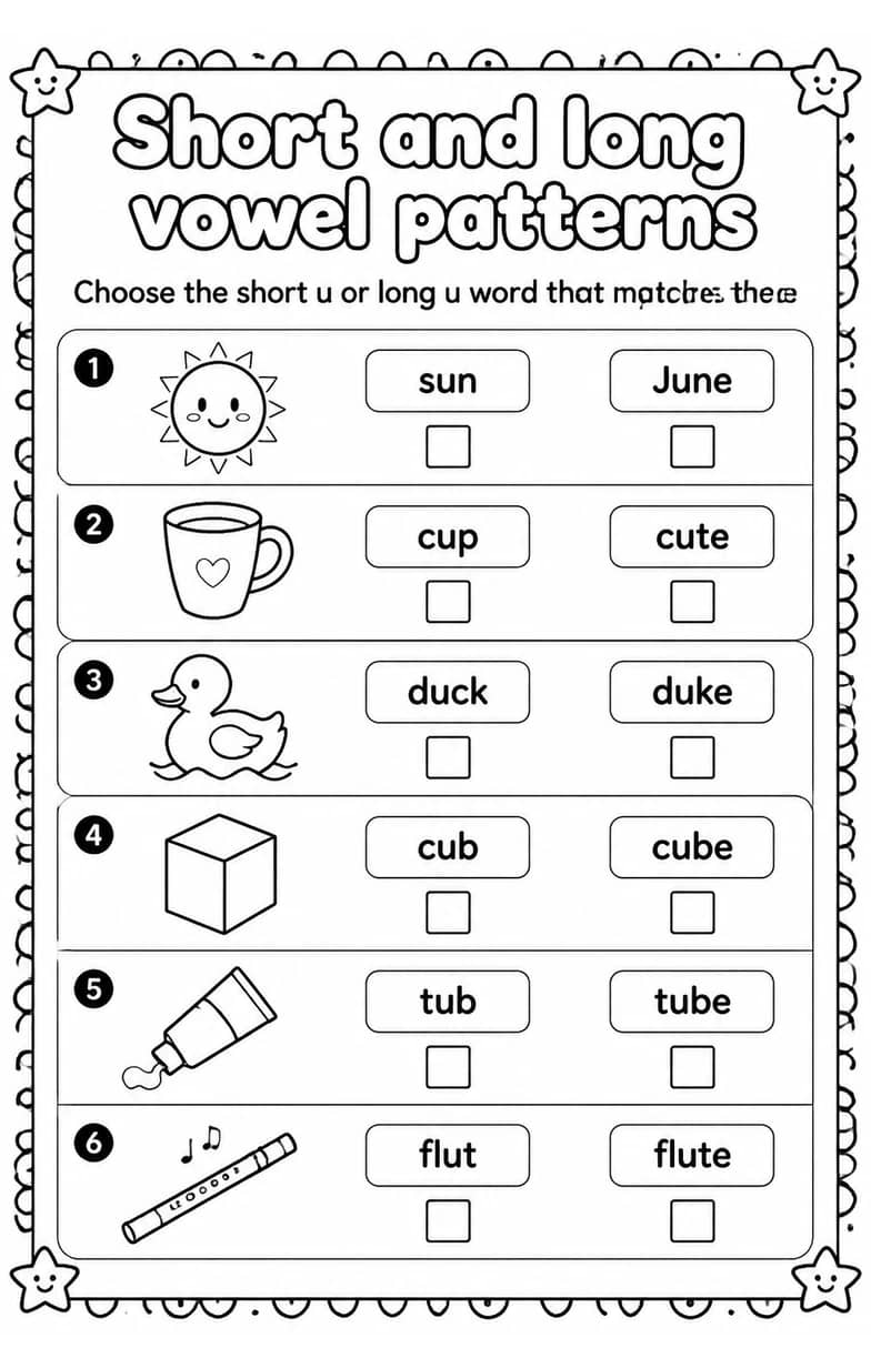 Choose the short u or long u word that matches the picture — free printable Reading foundations English worksheet
