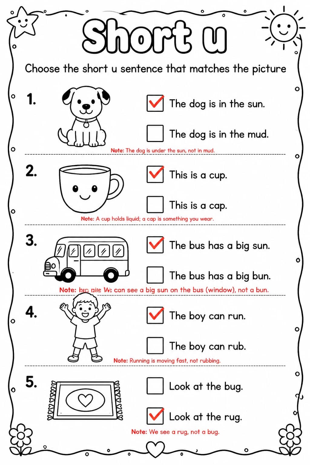 Answer key for Choose the short u sentence that matches the picture — free printable English & Reading worksheet