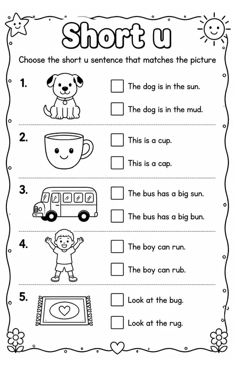 Choose the short u sentence that matches the picture — free printable Grade 1 English & Reading worksheet