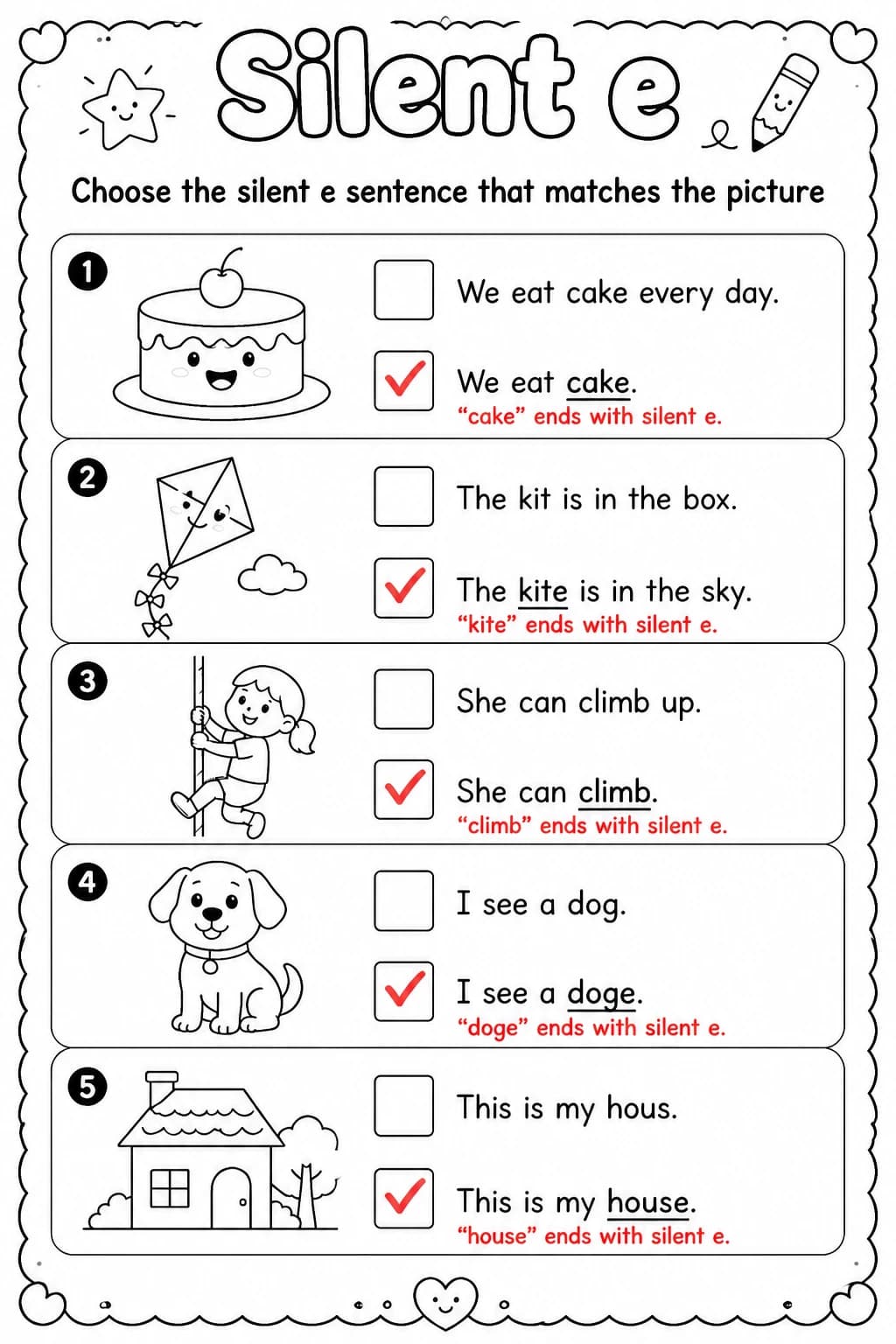 Answer key for Choose the silent e sentence that matches the picture — free printable English & Reading worksheet