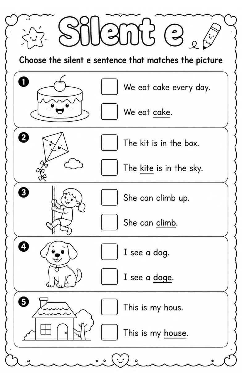 Choose the silent e sentence that matches the picture — free printable Grade 1 English & Reading worksheet