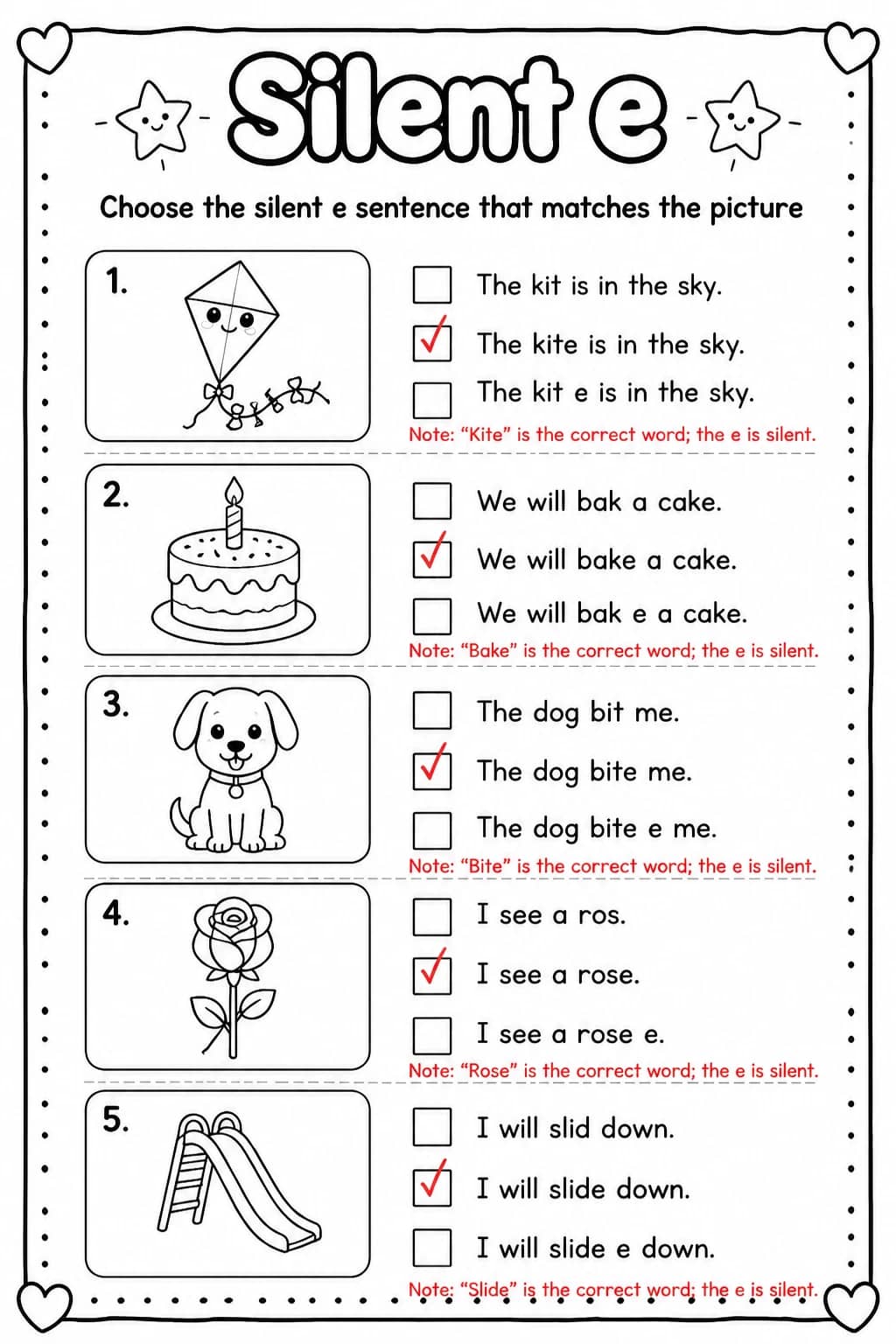 Answer key for Choose the silent e sentence that matches the picture — free printable English & Reading worksheet