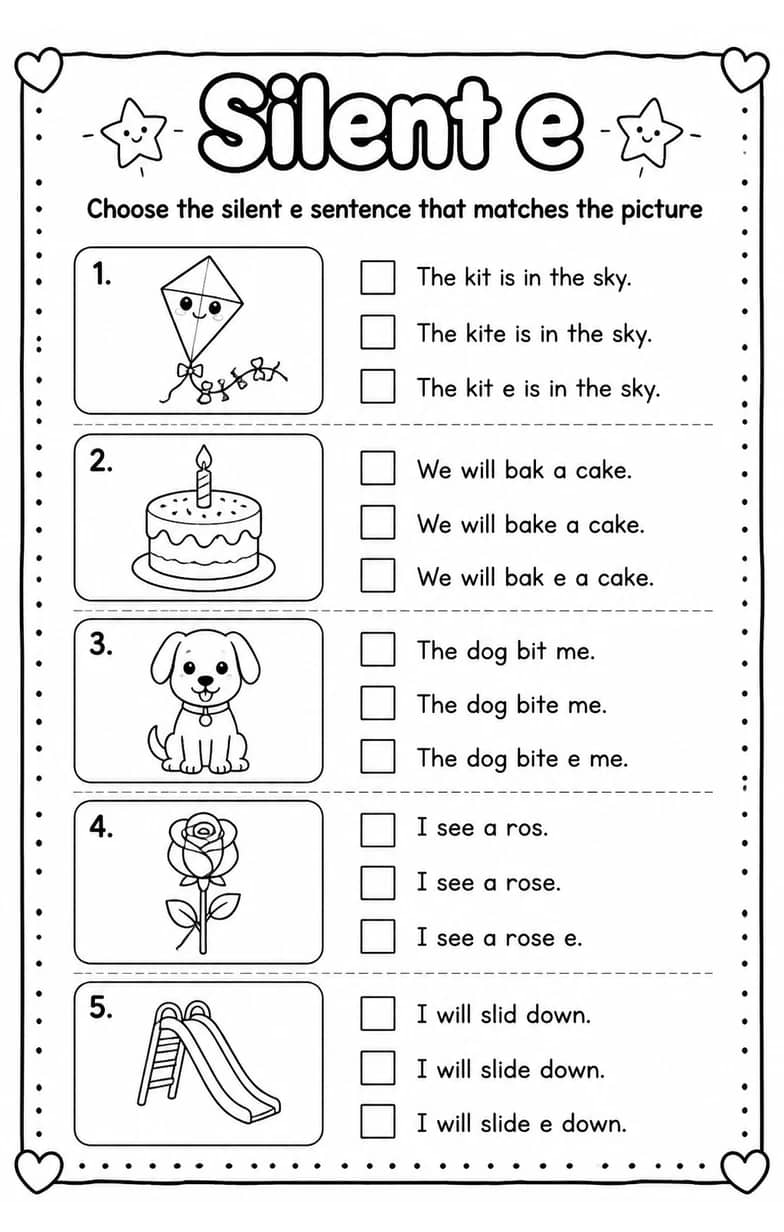 Choose the silent e sentence that matches the picture — free printable Reading foundations English worksheet