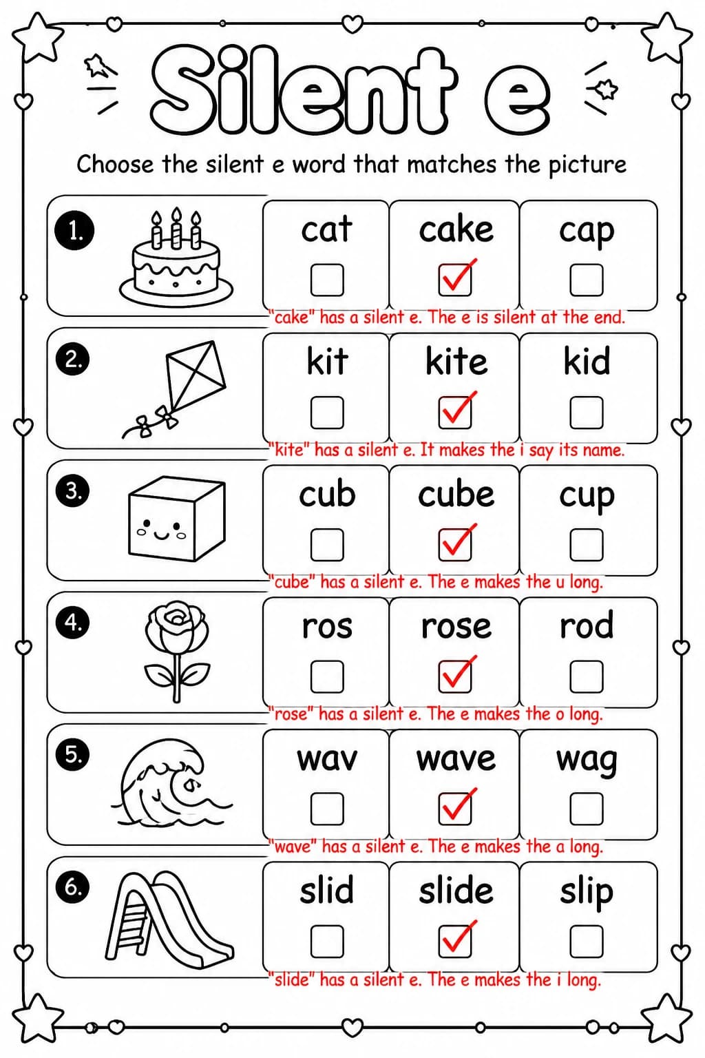 Answer key for Choose the silent e word that matches the picture — free printable English & Reading worksheet
