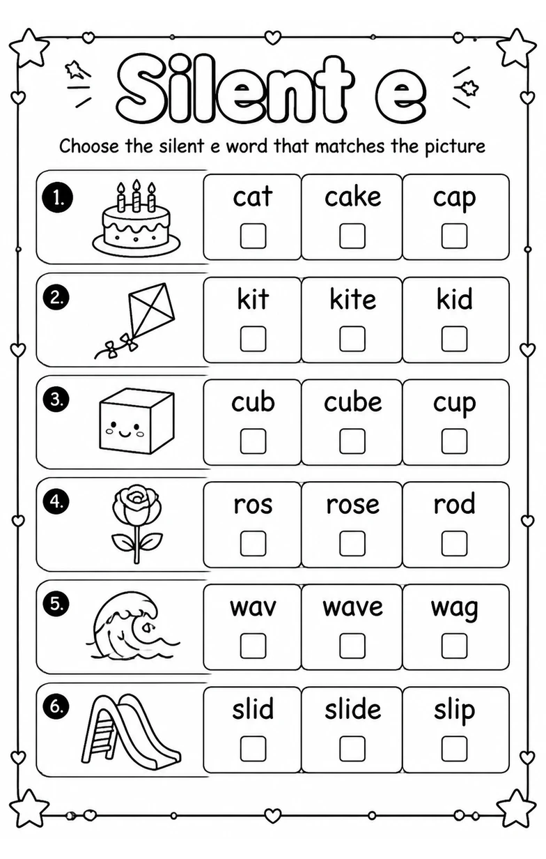 Choose the silent e word that matches the picture — free printable Grade 1 English & Reading worksheet