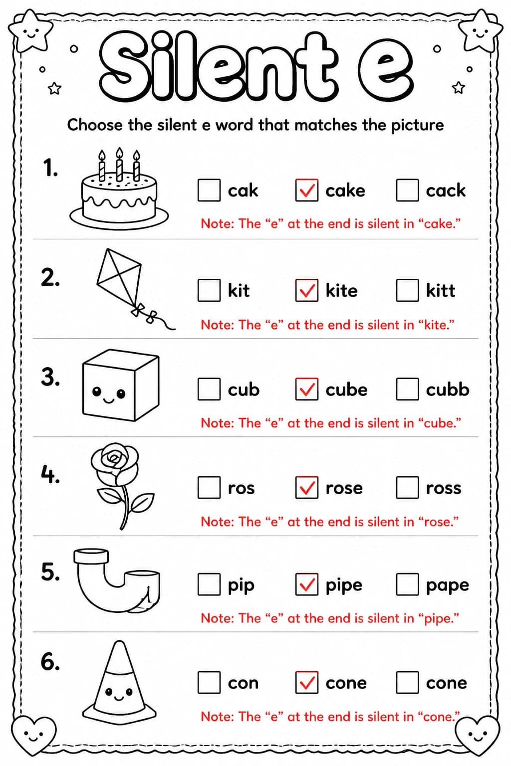 Answer key for Choose the silent e word that matches the picture — free printable English & Reading worksheet
