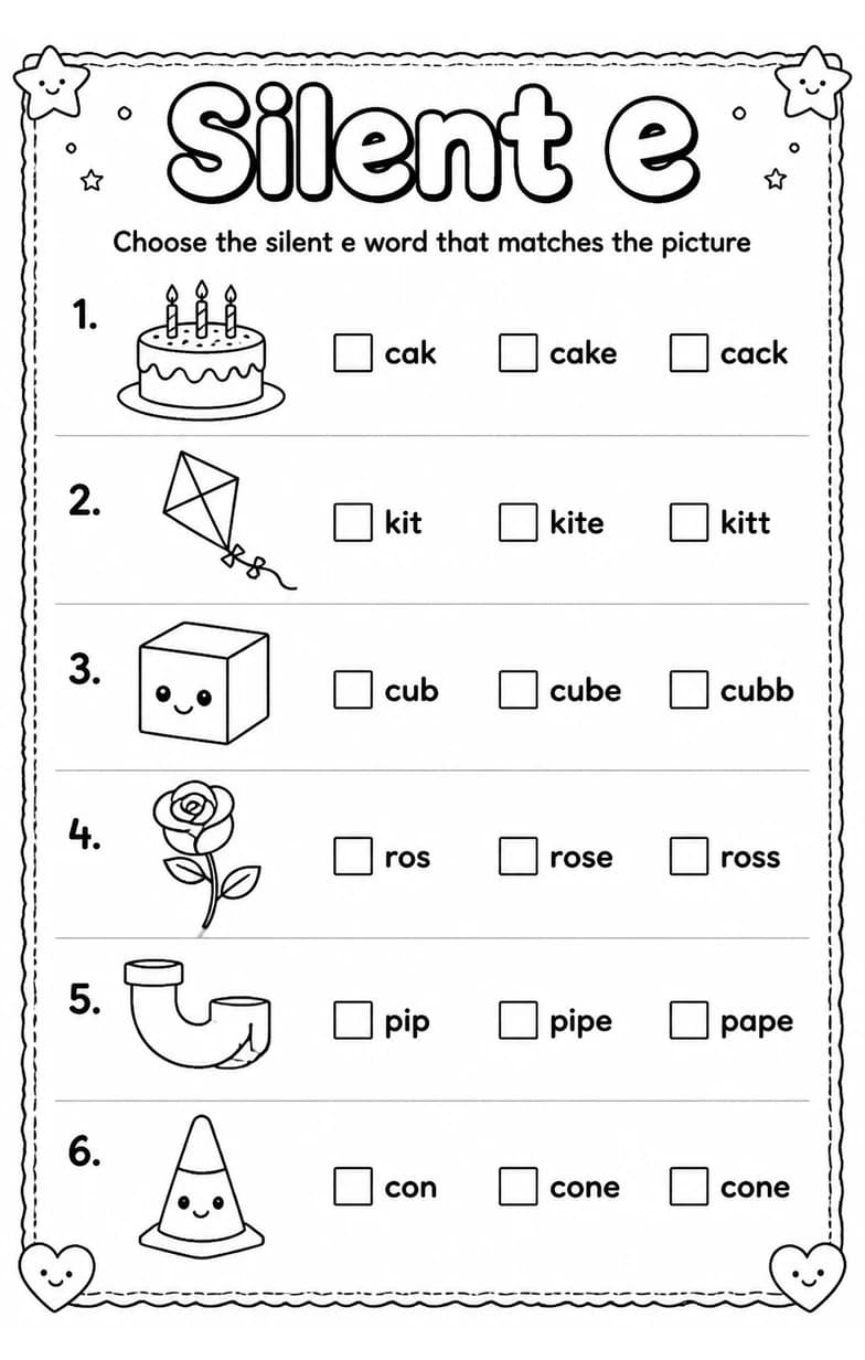 Choose the silent e word that matches the picture — free printable Grade 2 English & Reading worksheet