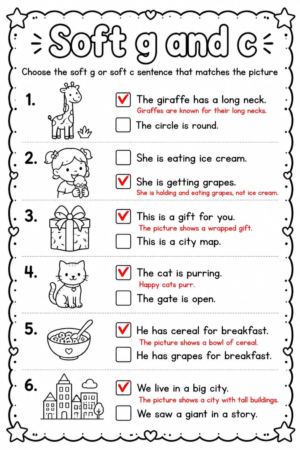 Answer key for Choose the soft g or soft c sentence that matches the picture — free printable English & Reading worksheet